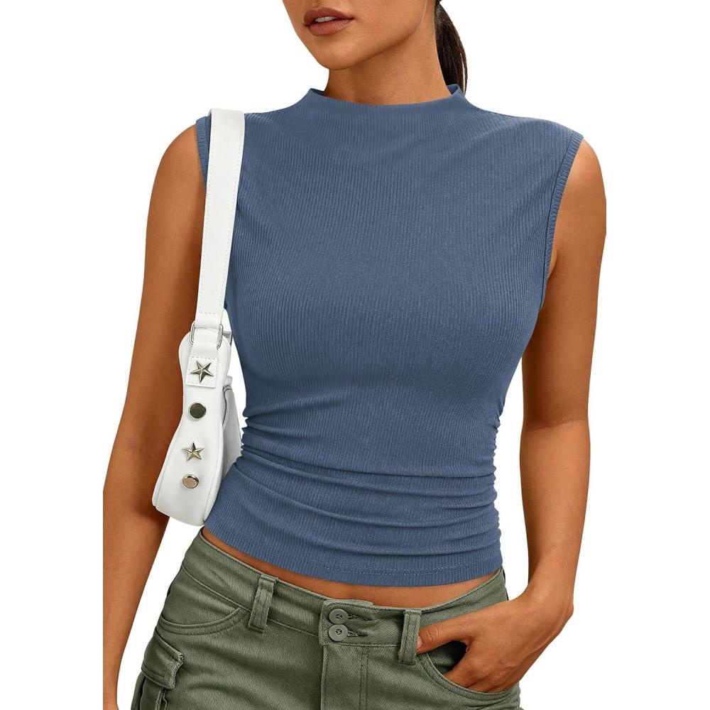 imagePRETTYGARDEN Sleeveless Tops for Women Ribbed Mock Neck Tank Top Slim Fitted Ruched Basic Layering Shirts 2026 Summer ClothesDusty Blue