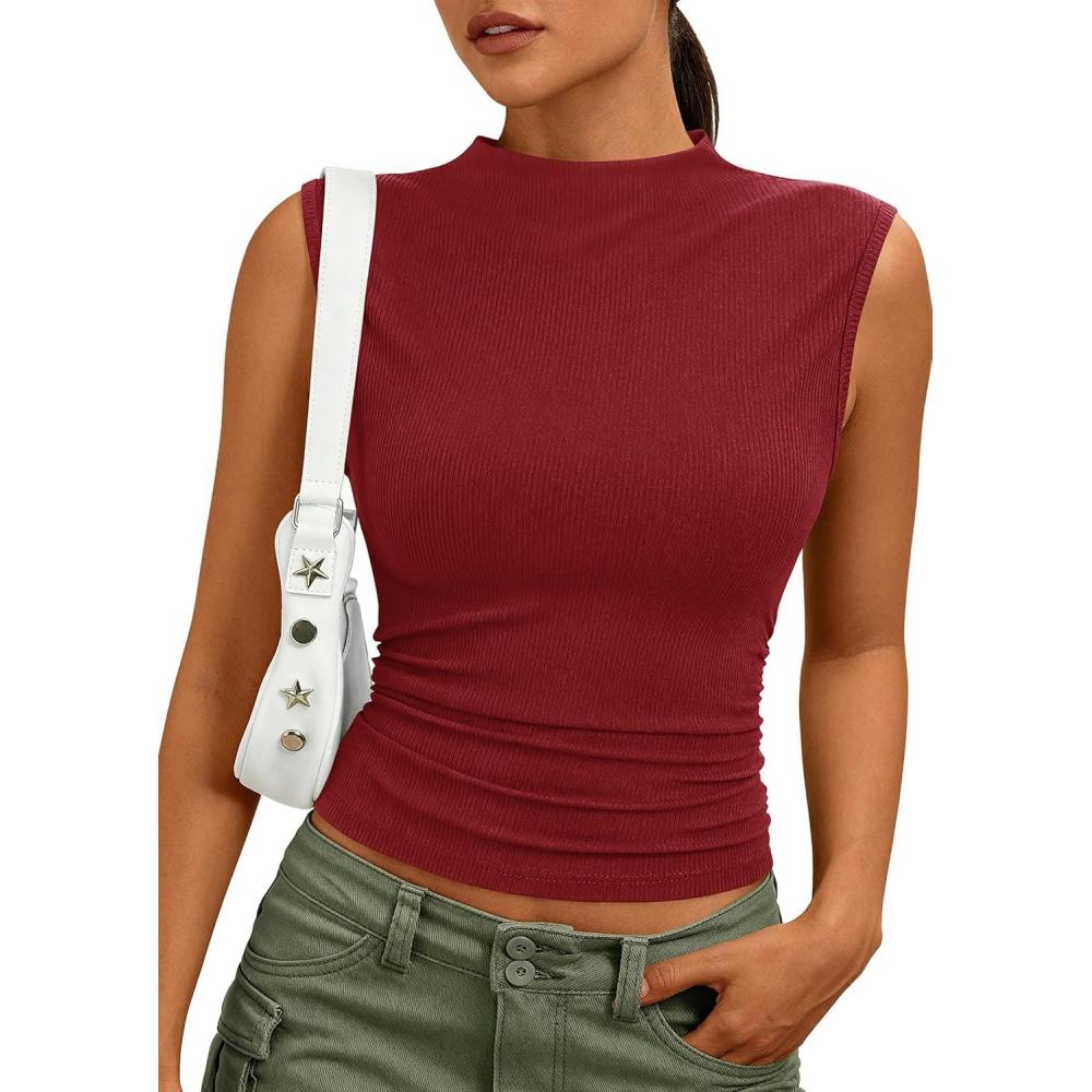 imagePRETTYGARDEN Sleeveless Tops for Women Ribbed Mock Neck Tank Top Slim Fitted Ruched Basic Layering Shirts 2026 Summer ClothesRed