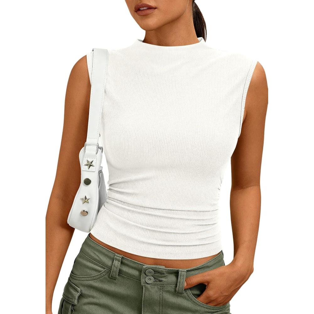 imagePRETTYGARDEN Sleeveless Tops for Women Ribbed Mock Neck Tank Top Slim Fitted Ruched Basic Layering Shirts 2026 Summer ClothesWhite