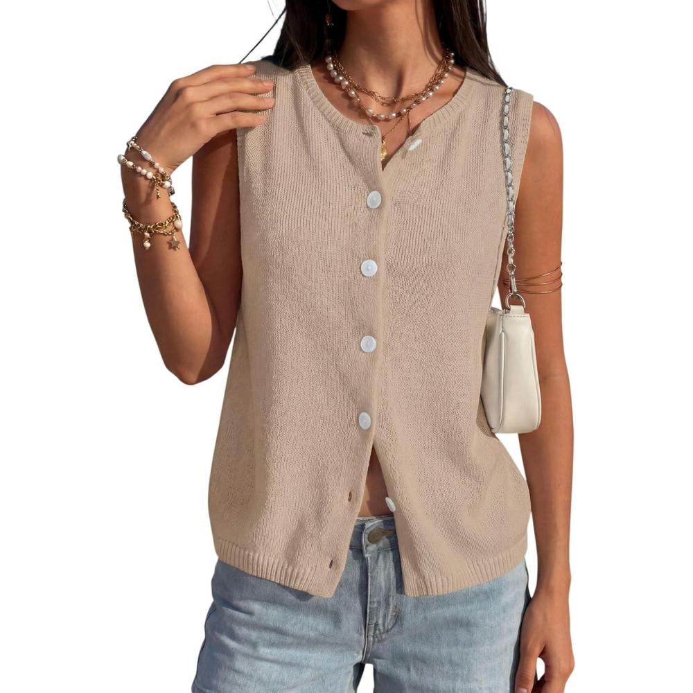 imagePRETTYGARDEN Sweater Vest Women 2026 Summer Sleeveless Cardigans Trendy Knit Vest Top Button Down Spring Sweater TopsKhaki