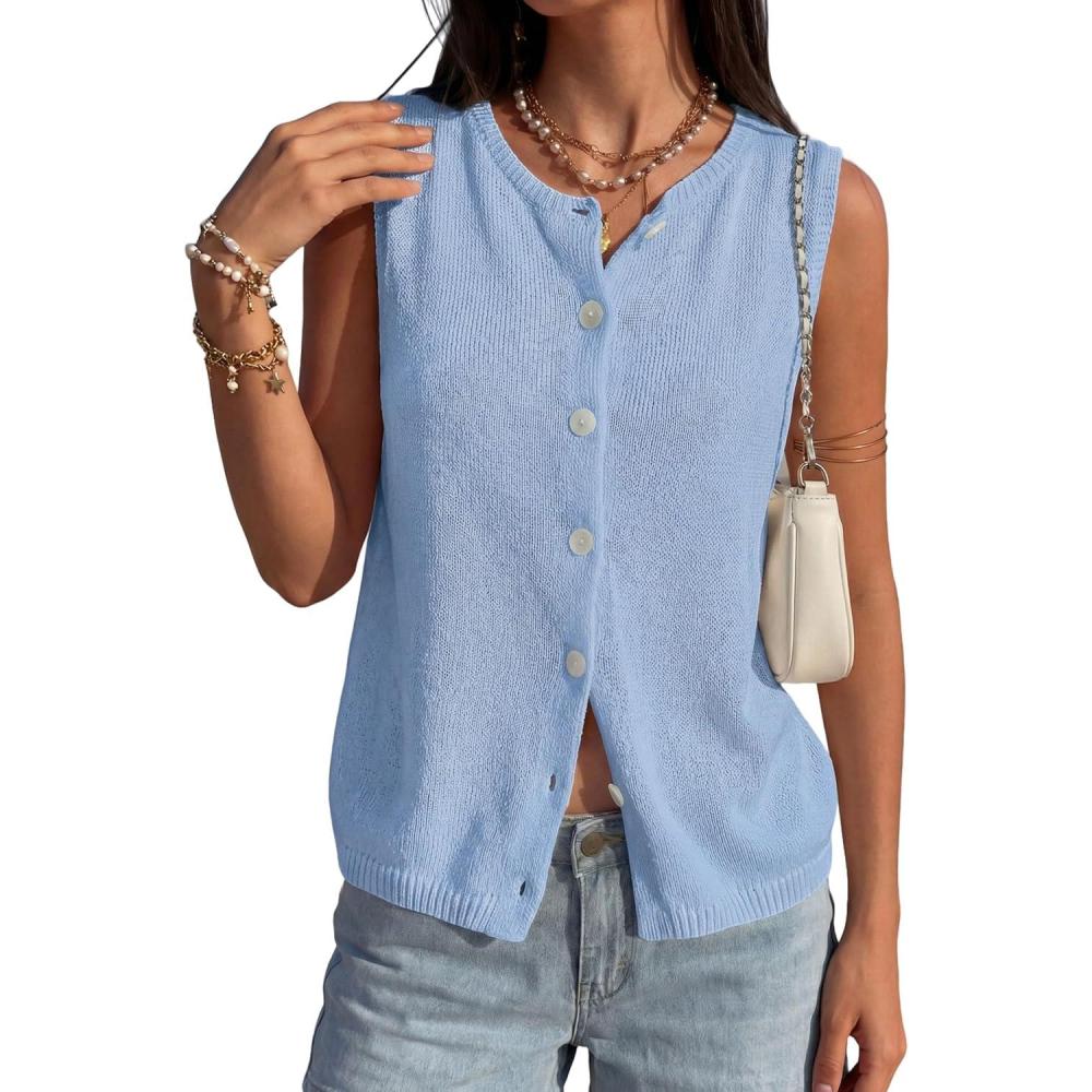 imagePRETTYGARDEN Sweater Vest Women 2026 Summer Sleeveless Cardigans Trendy Knit Vest Top Button Down Spring Sweater TopsLight Blue