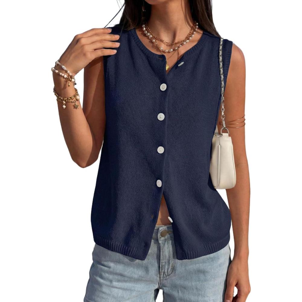 imagePRETTYGARDEN Sweater Vest Women 2026 Summer Sleeveless Cardigans Trendy Knit Vest Top Button Down Spring Sweater TopsNavy Blue