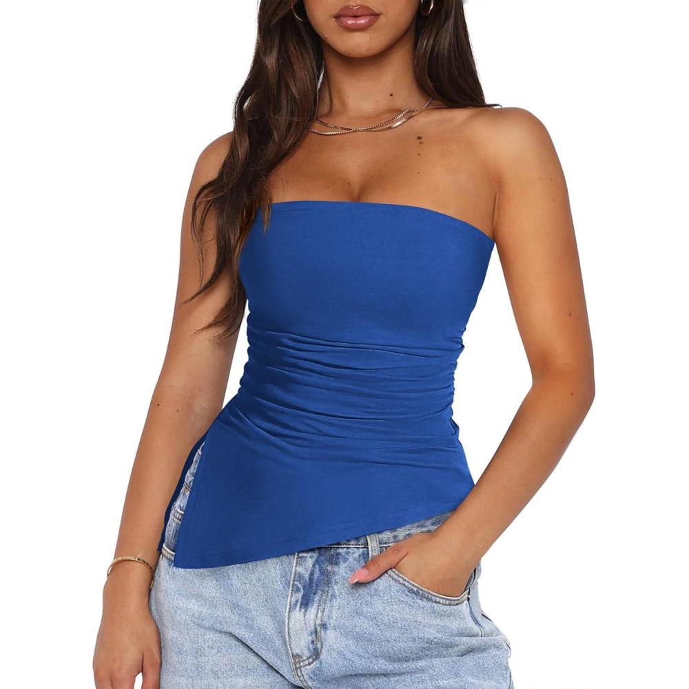 imagePRETTYGARDEN Tube Tops for Women Trendy Summer 2026 Spring Fashion Going Out Y2K Clothes Asymmetrical Ruched Strapless ShirtsBlue