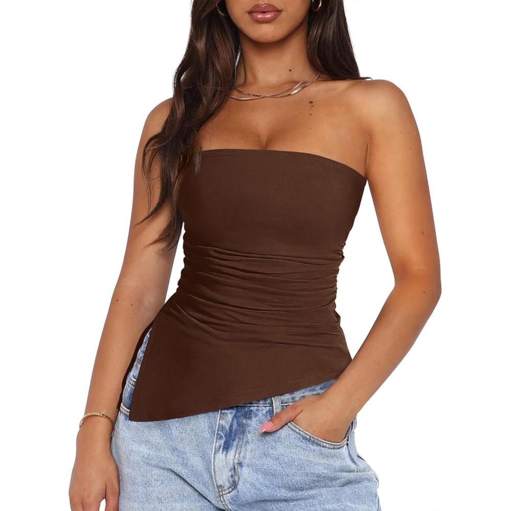 imagePRETTYGARDEN Tube Tops for Women Trendy Summer 2026 Spring Fashion Going Out Y2K Clothes Asymmetrical Ruched Strapless ShirtsBrown