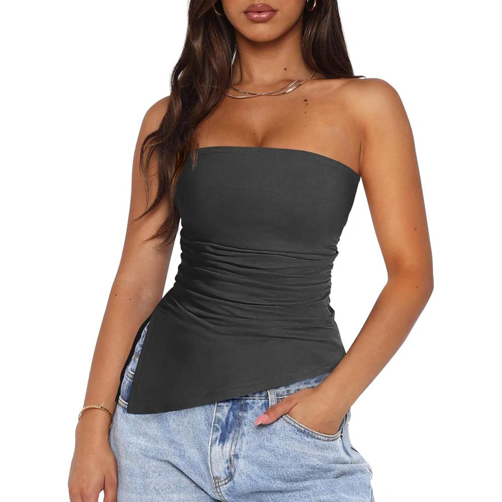 imagePRETTYGARDEN Tube Tops for Women Trendy Summer 2026 Spring Fashion Going Out Y2K Clothes Asymmetrical Ruched Strapless ShirtsDark Grey
