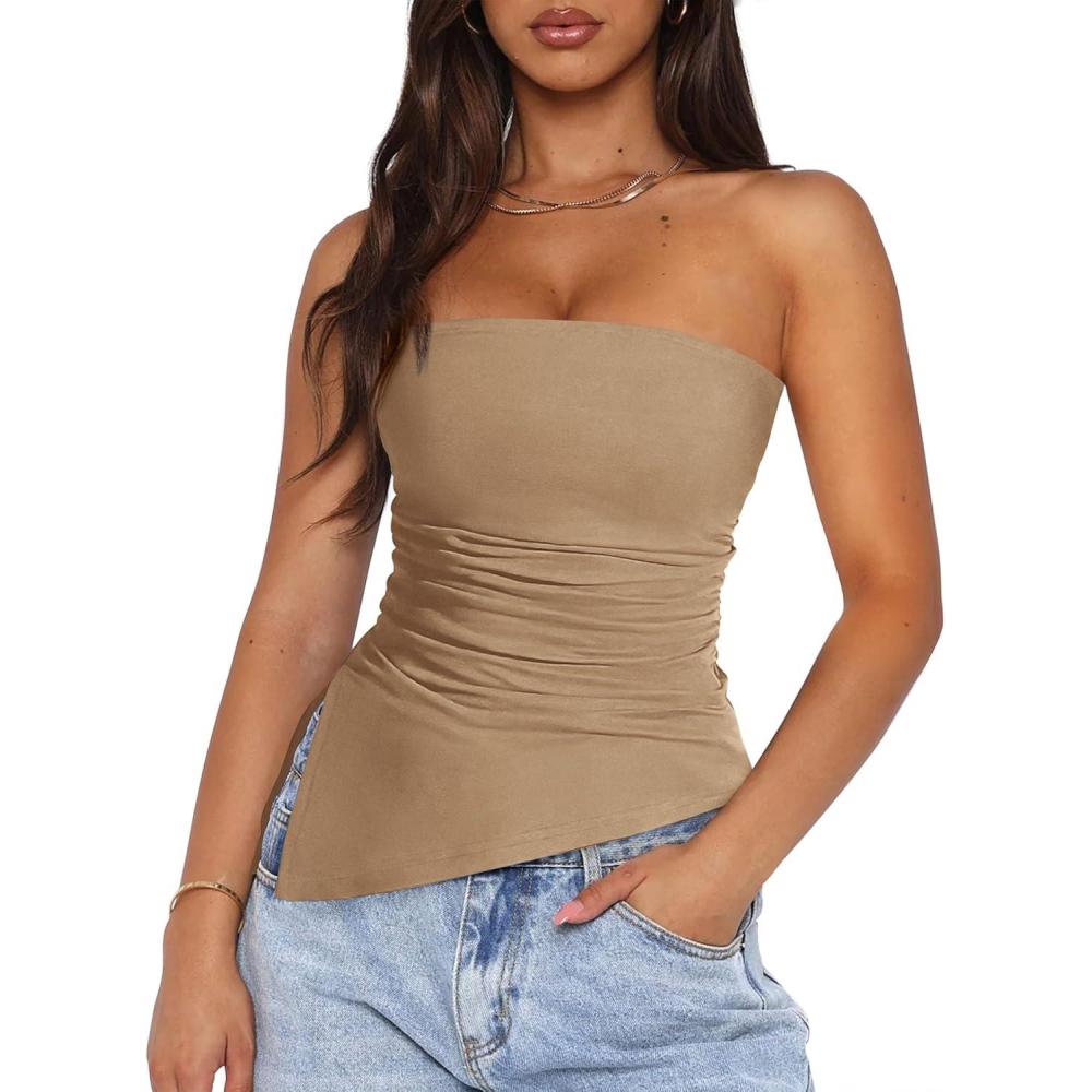 imagePRETTYGARDEN Tube Tops for Women Trendy Summer 2026 Spring Fashion Going Out Y2K Clothes Asymmetrical Ruched Strapless ShirtsKhaki