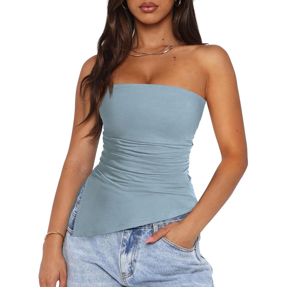 imagePRETTYGARDEN Tube Tops for Women Trendy Summer 2026 Spring Fashion Going Out Y2K Clothes Asymmetrical Ruched Strapless ShirtsLight Grey Blue