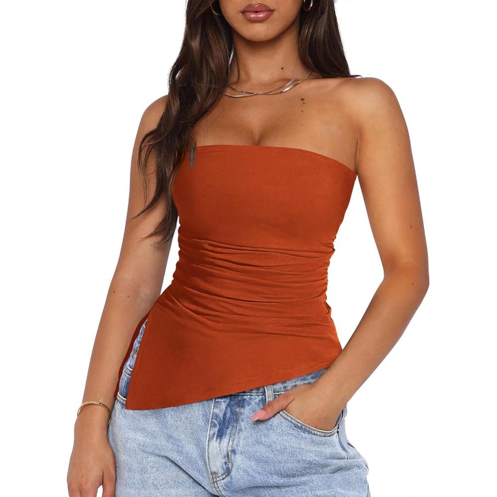 imagePRETTYGARDEN Tube Tops for Women Trendy Summer 2026 Spring Fashion Going Out Y2K Clothes Asymmetrical Ruched Strapless ShirtsRust Red