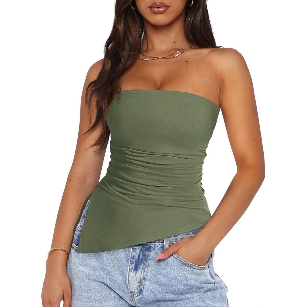 imagePRETTYGARDEN Tube Tops for Women Trendy Summer 2026 Spring Fashion Going Out Y2K Clothes Asymmetrical Ruched Strapless ShirtsSage Green