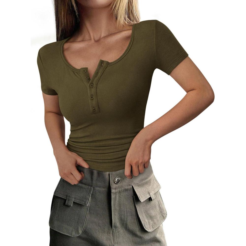 imagePRETTYGARDEN Womens 2026 Summer Short Sleeve Tops Ribbed Henley Button Slim Fit Basic Casual T Shirts Blouse Fashion ClothingArmy Green