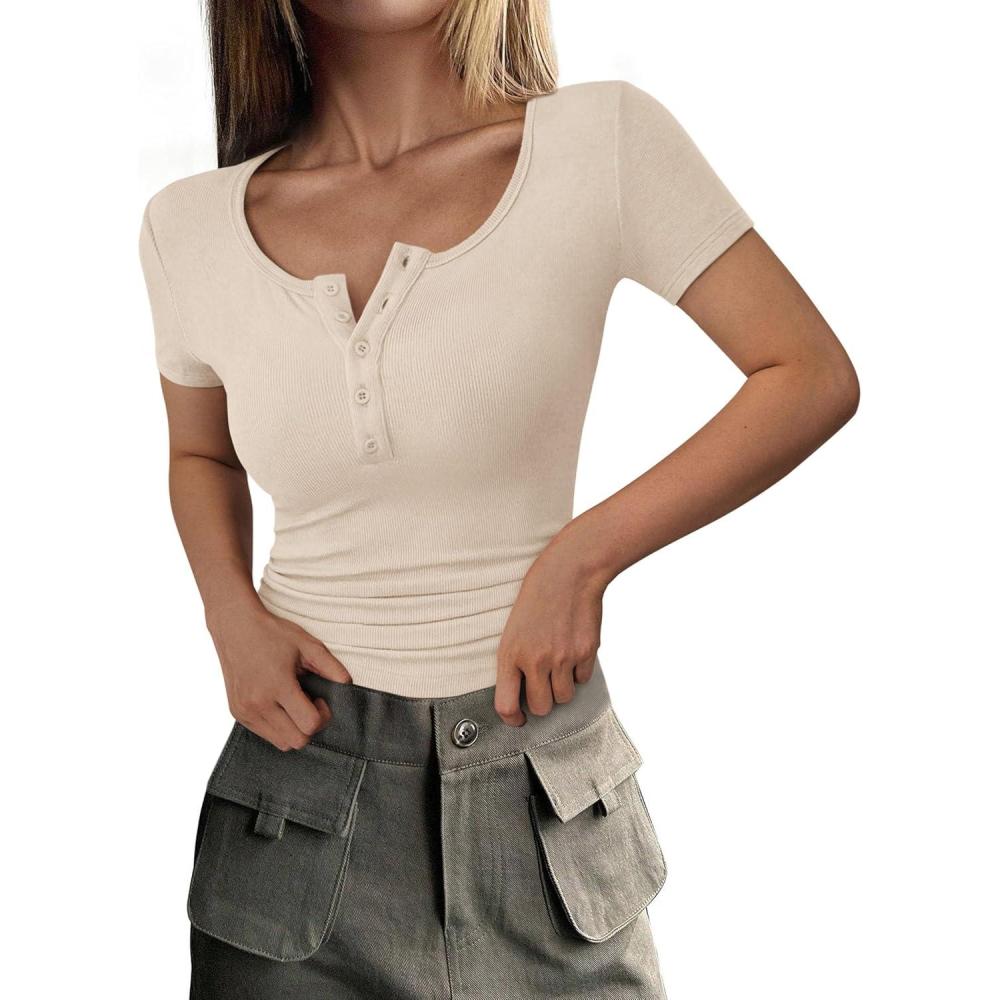 imagePRETTYGARDEN Womens 2026 Summer Short Sleeve Tops Ribbed Henley Button Slim Fit Basic Casual T Shirts Blouse Fashion ClothingBeige
