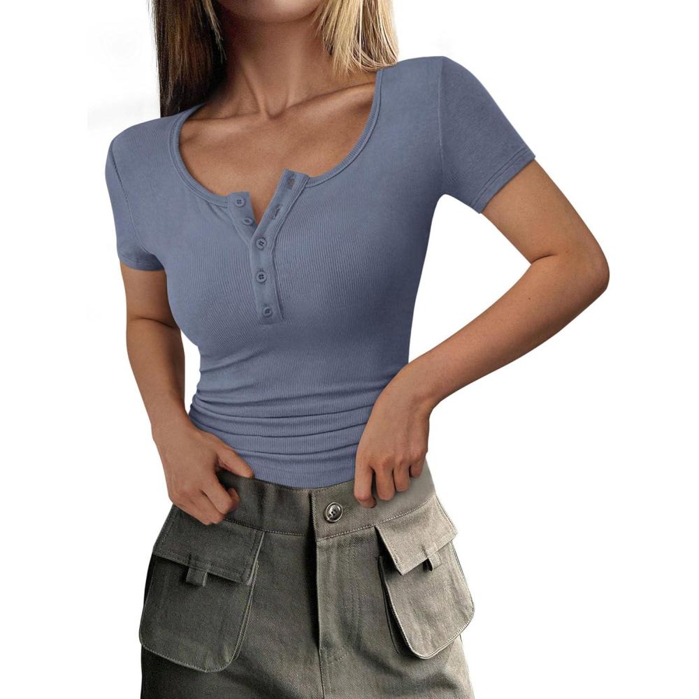 imagePRETTYGARDEN Womens 2026 Summer Short Sleeve Tops Ribbed Henley Button Slim Fit Basic Casual T Shirts Blouse Fashion ClothingBlue Grey