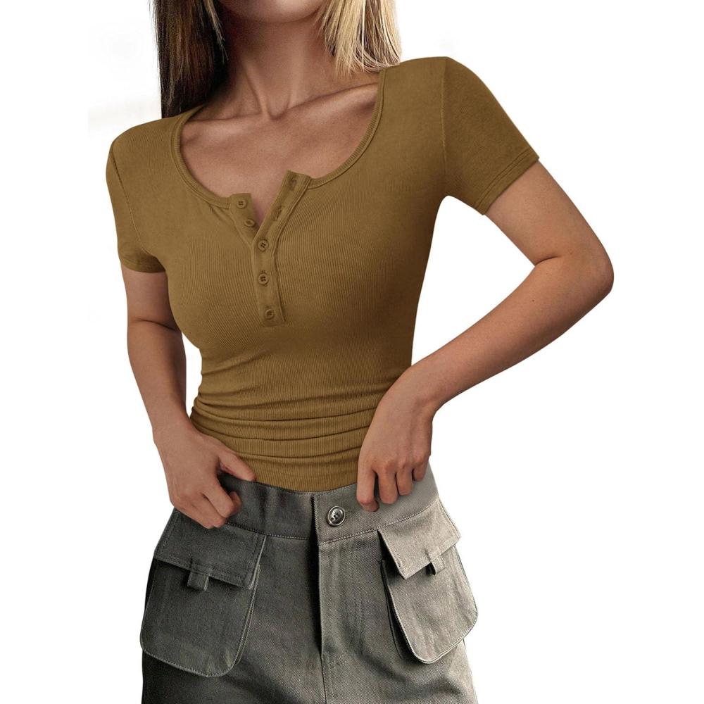 imagePRETTYGARDEN Womens 2026 Summer Short Sleeve Tops Ribbed Henley Button Slim Fit Basic Casual T Shirts Blouse Fashion ClothingBrown Camel