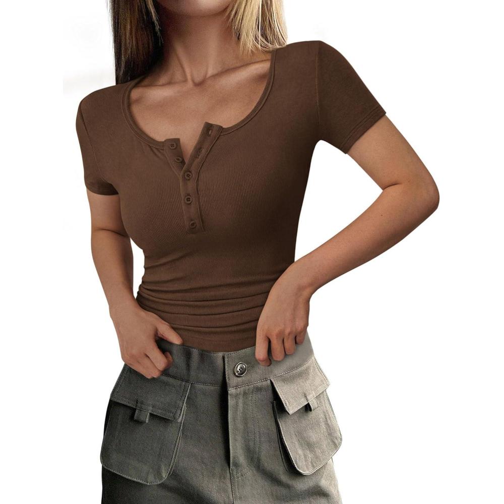 imagePRETTYGARDEN Womens 2026 Summer Short Sleeve Tops Ribbed Henley Button Slim Fit Basic Casual T Shirts Blouse Fashion ClothingCoffee