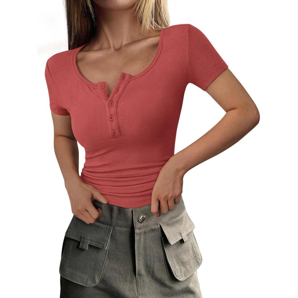 imagePRETTYGARDEN Womens 2026 Summer Short Sleeve Tops Ribbed Henley Button Slim Fit Basic Casual T Shirts Blouse Fashion ClothingCoral Red