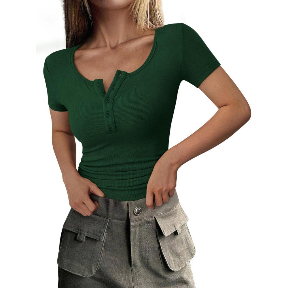 imagePRETTYGARDEN Womens 2026 Summer Short Sleeve Tops Ribbed Henley Button Slim Fit Basic Casual T Shirts Blouse Fashion ClothingDark Green
