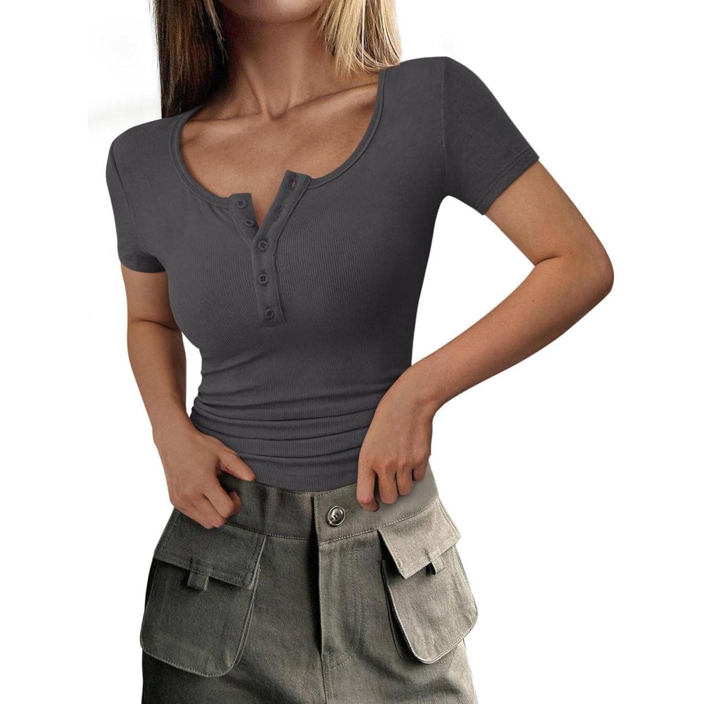 imagePRETTYGARDEN Womens 2026 Summer Short Sleeve Tops Ribbed Henley Button Slim Fit Basic Casual T Shirts Blouse Fashion ClothingDark Grey