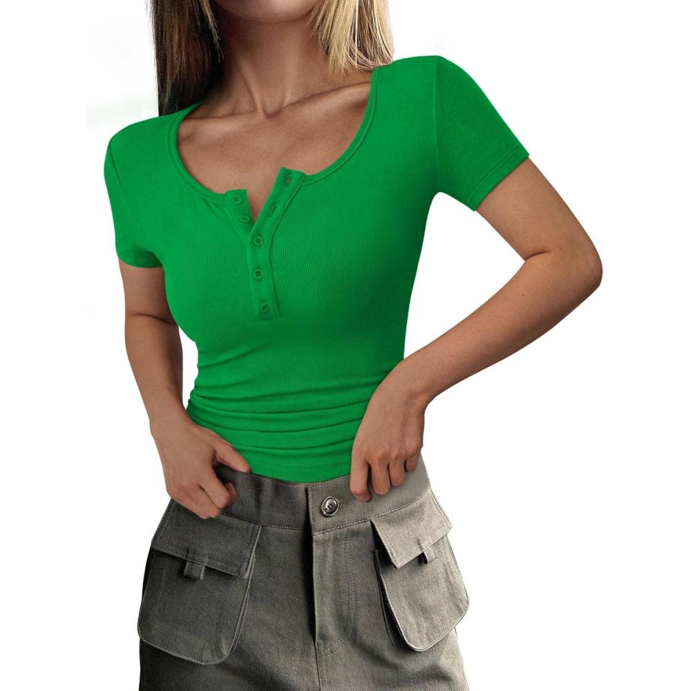 imagePRETTYGARDEN Womens 2026 Summer Short Sleeve Tops Ribbed Henley Button Slim Fit Basic Casual T Shirts Blouse Fashion ClothingGreen