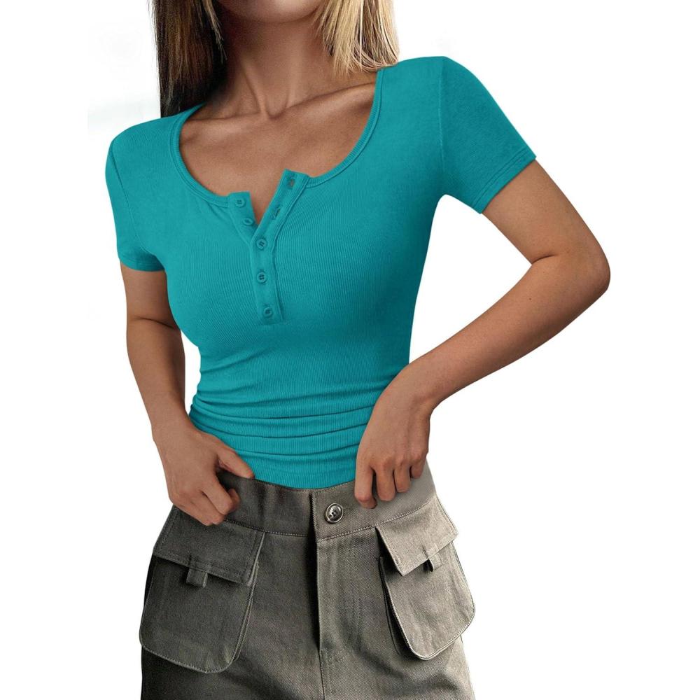imagePRETTYGARDEN Womens 2026 Summer Short Sleeve Tops Ribbed Henley Button Slim Fit Basic Casual T Shirts Blouse Fashion ClothingMalachite Green