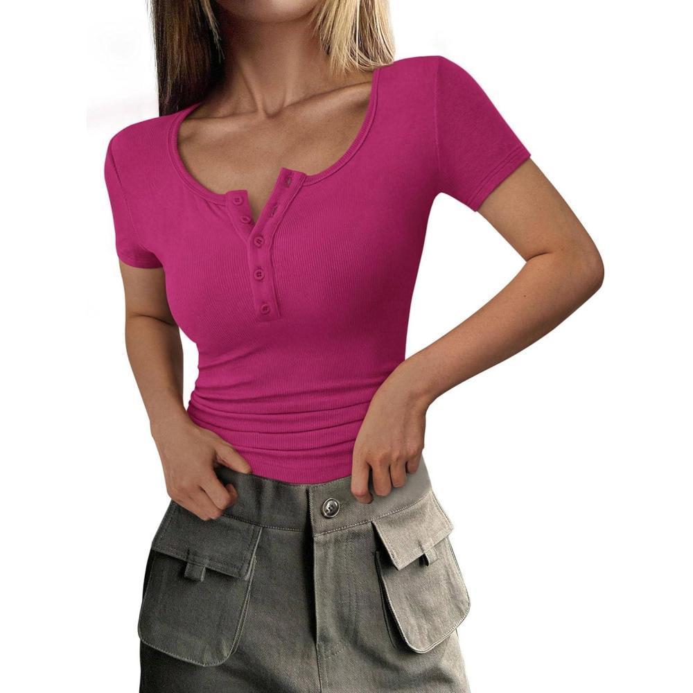 imagePRETTYGARDEN Womens 2026 Summer Short Sleeve Tops Ribbed Henley Button Slim Fit Basic Casual T Shirts Blouse Fashion ClothingRose Red