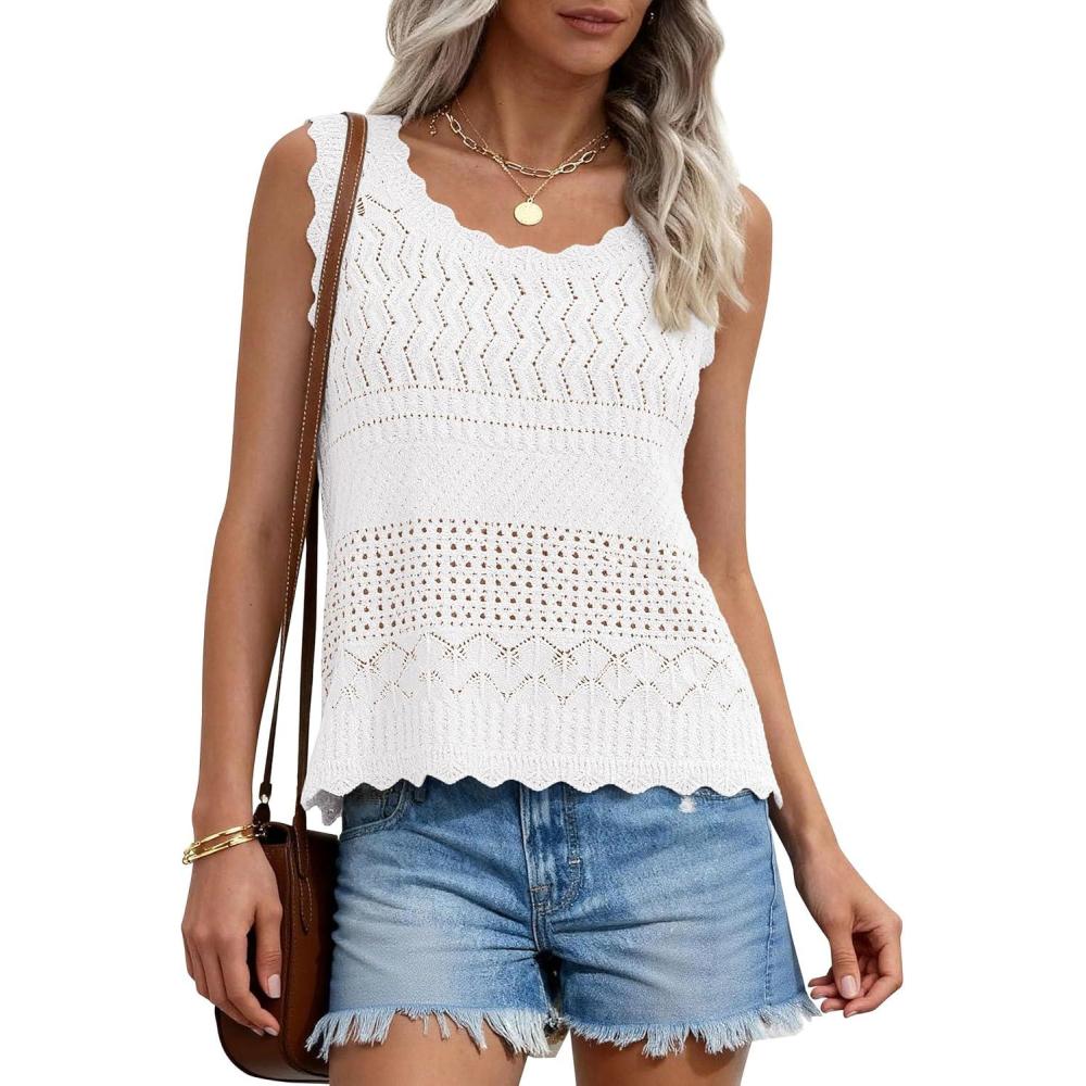 imagePRETTYGARDEN Womens Crochet Tank Tops 2026 Summer Spring Sleeveless Tops Cute Sweater Vest Trendy Boho Beach Vacation ClothesWhite