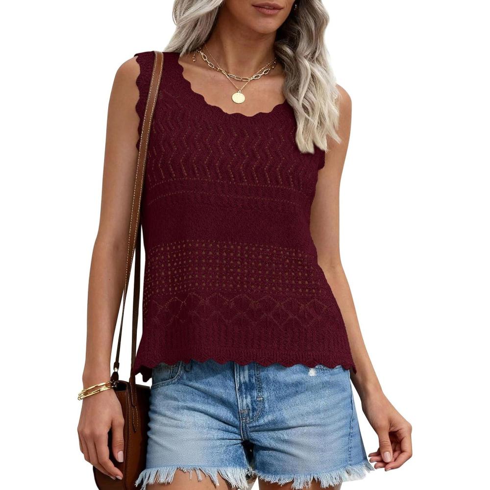 imagePRETTYGARDEN Womens Crochet Tank Tops 2026 Summer Spring Sleeveless Tops Cute Sweater Vest Trendy Boho Beach Vacation ClothesWine Red
