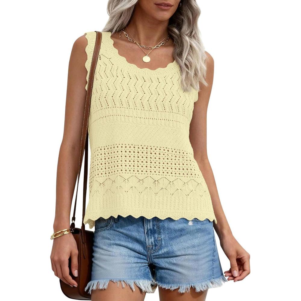 imagePRETTYGARDEN Womens Crochet Tank Tops 2026 Summer Spring Sleeveless Tops Cute Sweater Vest Trendy Boho Beach Vacation ClothesYellow