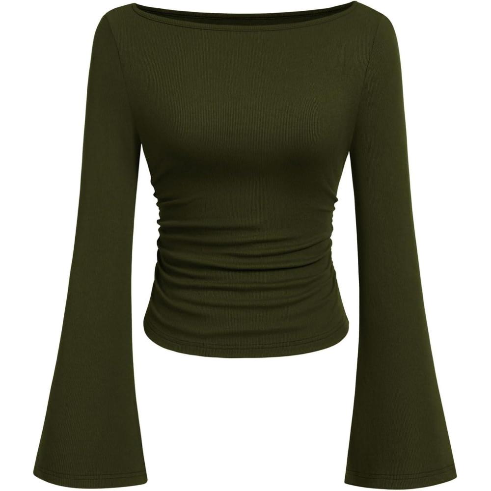imagePRETTYGARDEN Womens Long Sleeve Shirts 2026 Spring Crop Going Out Tops Casual Boat Neck Bell Sleeve Ribbed Ruched Y2K ClothesArmy Green