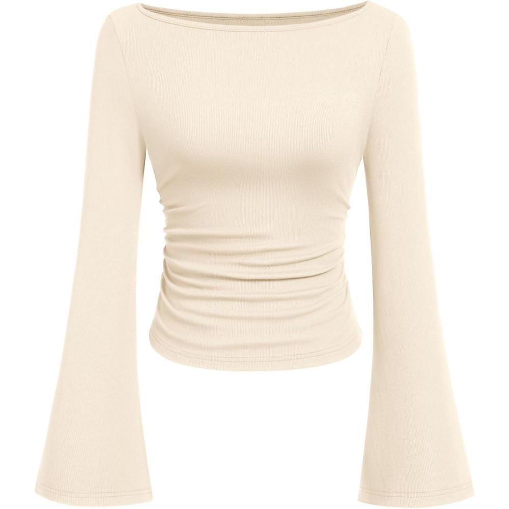 imagePRETTYGARDEN Womens Long Sleeve Shirts 2026 Spring Crop Going Out Tops Casual Boat Neck Bell Sleeve Ribbed Ruched Y2K ClothesBeige