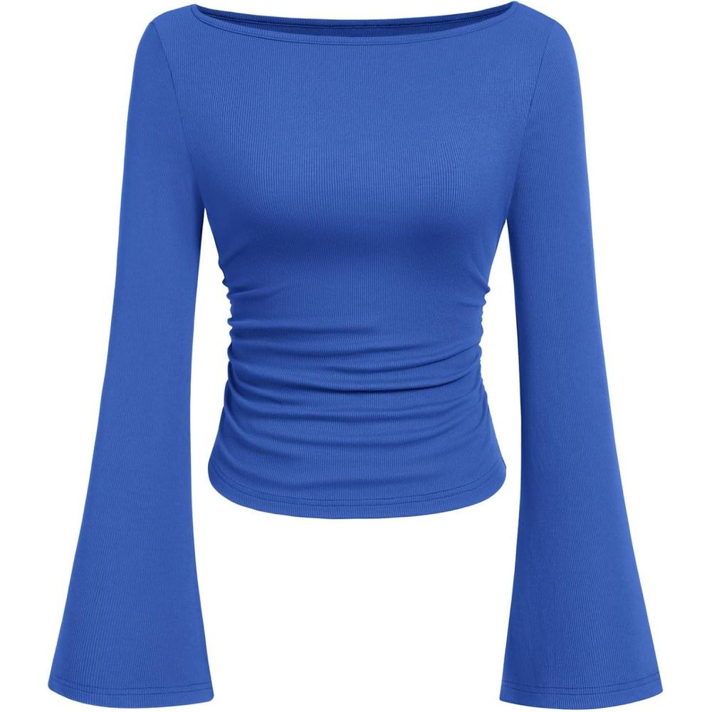 imagePRETTYGARDEN Womens Long Sleeve Shirts 2026 Spring Crop Going Out Tops Casual Boat Neck Bell Sleeve Ribbed Ruched Y2K ClothesBlue
