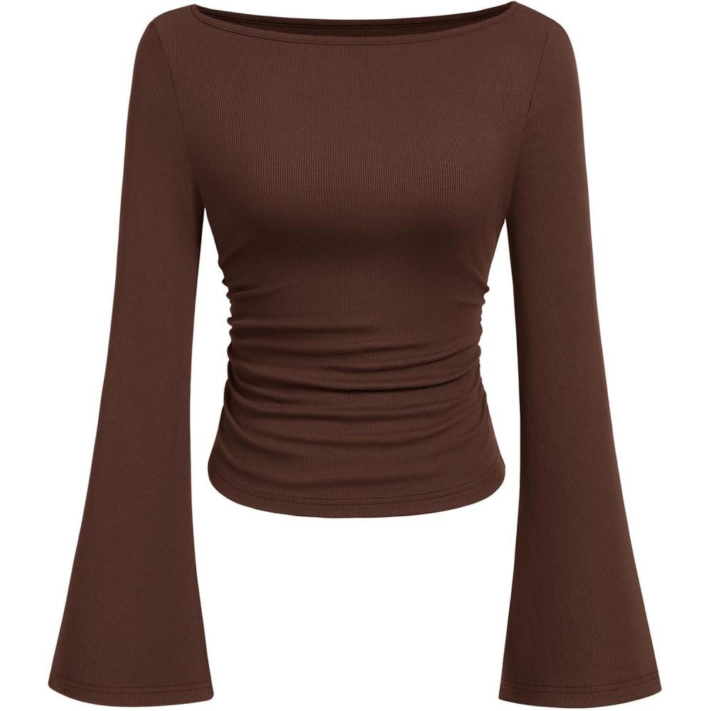imagePRETTYGARDEN Womens Long Sleeve Shirts 2026 Spring Crop Going Out Tops Casual Boat Neck Bell Sleeve Ribbed Ruched Y2K ClothesBrown