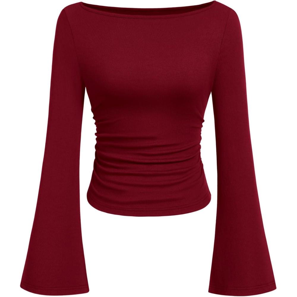 imagePRETTYGARDEN Womens Long Sleeve Shirts 2026 Spring Crop Going Out Tops Casual Boat Neck Bell Sleeve Ribbed Ruched Y2K ClothesBurgundy