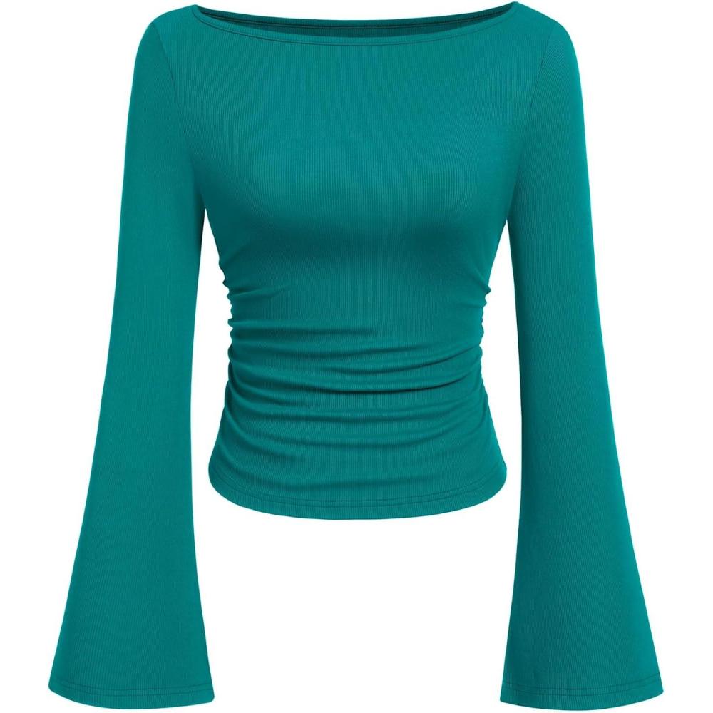 imagePRETTYGARDEN Womens Long Sleeve Shirts 2026 Spring Crop Going Out Tops Casual Boat Neck Bell Sleeve Ribbed Ruched Y2K ClothesDark Cyan