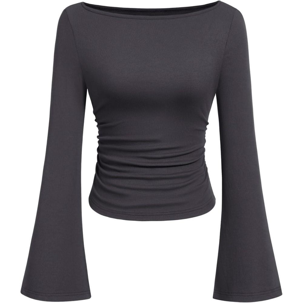 imagePRETTYGARDEN Womens Long Sleeve Shirts 2026 Spring Crop Going Out Tops Casual Boat Neck Bell Sleeve Ribbed Ruched Y2K ClothesDark Grey