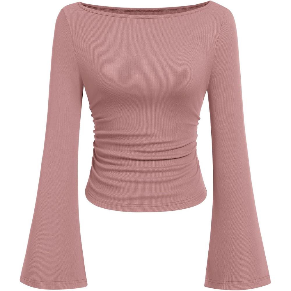 imagePRETTYGARDEN Womens Long Sleeve Shirts 2026 Spring Crop Going Out Tops Casual Boat Neck Bell Sleeve Ribbed Ruched Y2K ClothesDusty Pink