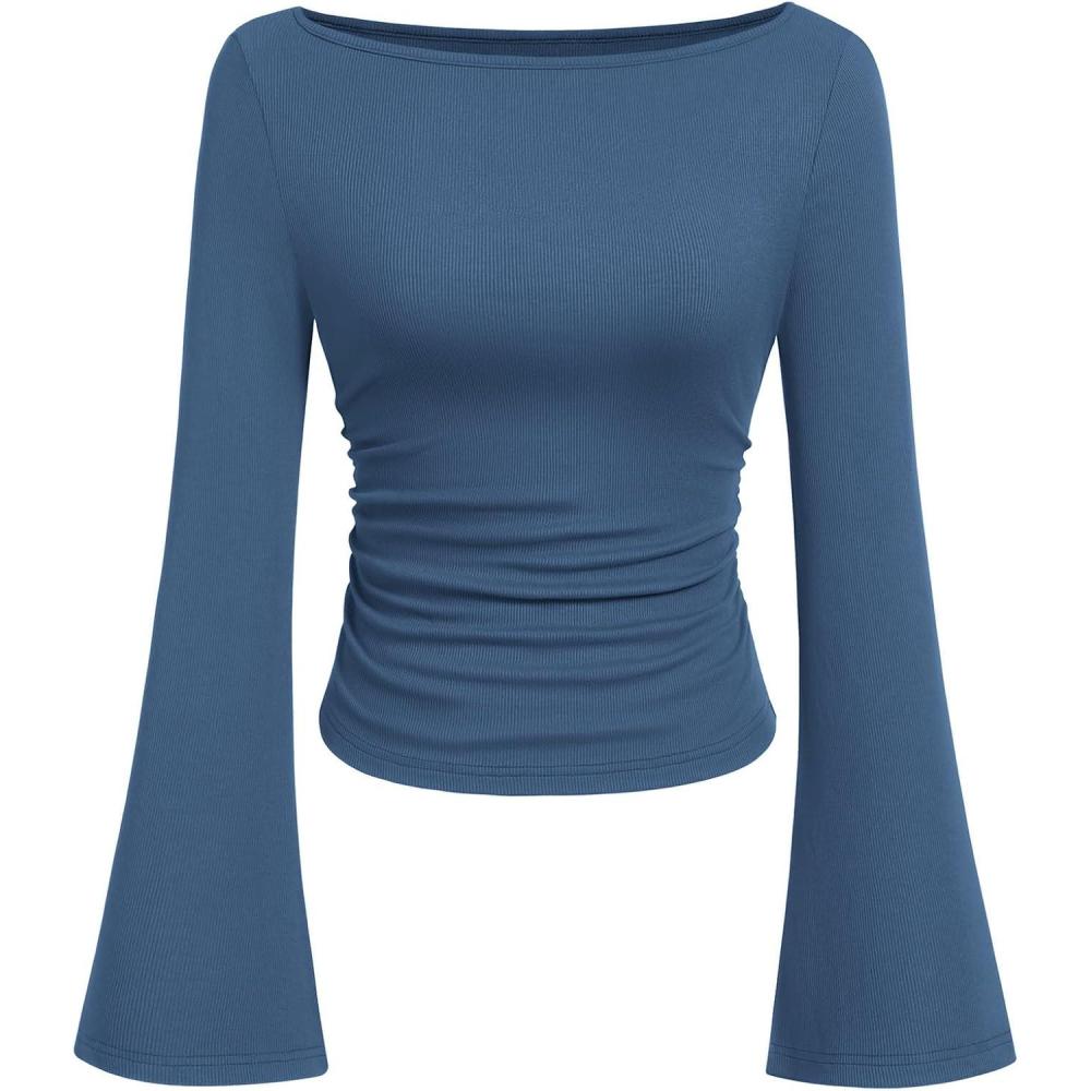 imagePRETTYGARDEN Womens Long Sleeve Shirts 2026 Spring Crop Going Out Tops Casual Boat Neck Bell Sleeve Ribbed Ruched Y2K ClothesGrey Blue