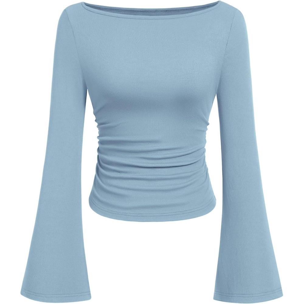 imagePRETTYGARDEN Womens Long Sleeve Shirts 2026 Spring Crop Going Out Tops Casual Boat Neck Bell Sleeve Ribbed Ruched Y2K ClothesLight Blue
