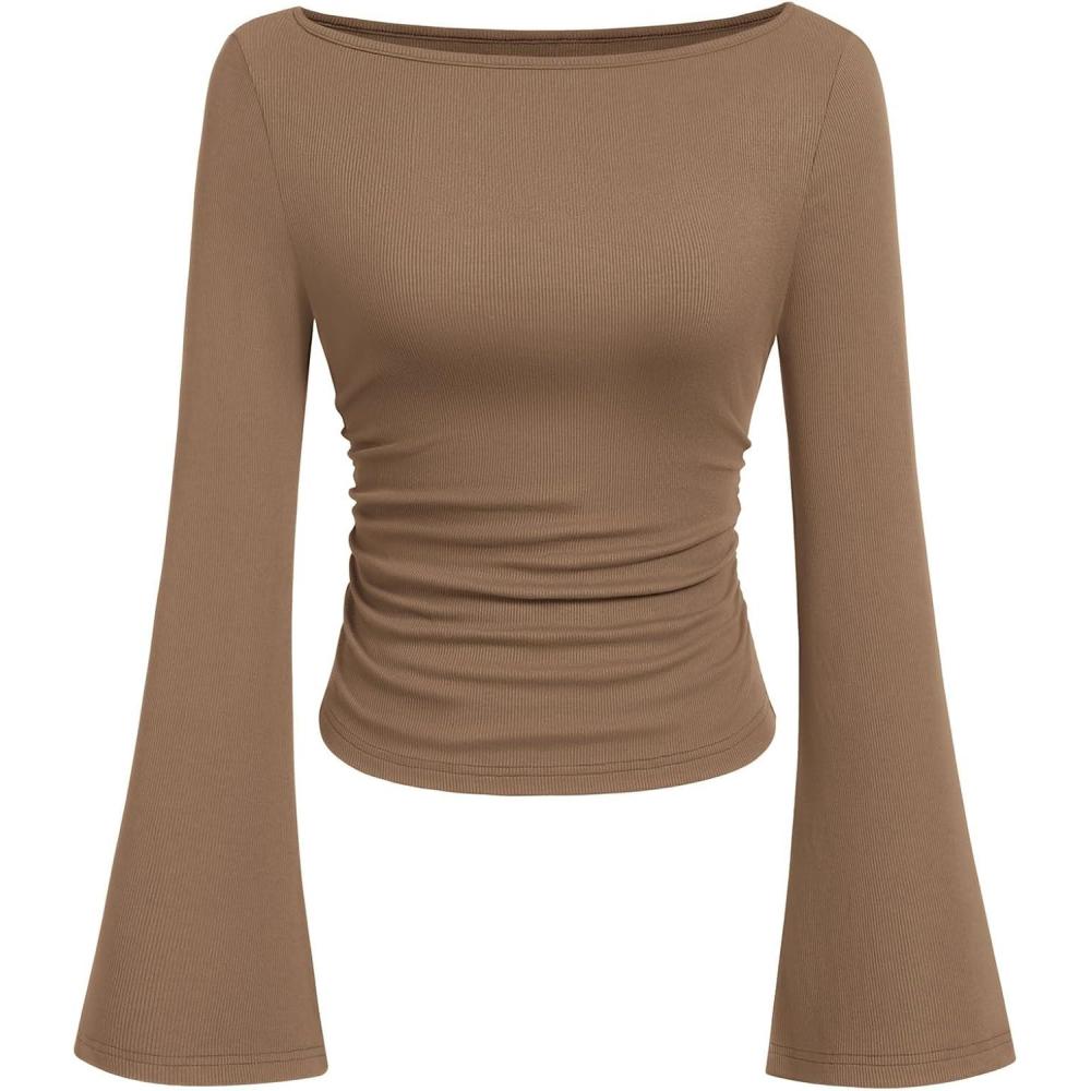 imagePRETTYGARDEN Womens Long Sleeve Shirts 2026 Spring Crop Going Out Tops Casual Boat Neck Bell Sleeve Ribbed Ruched Y2K ClothesLight Brown