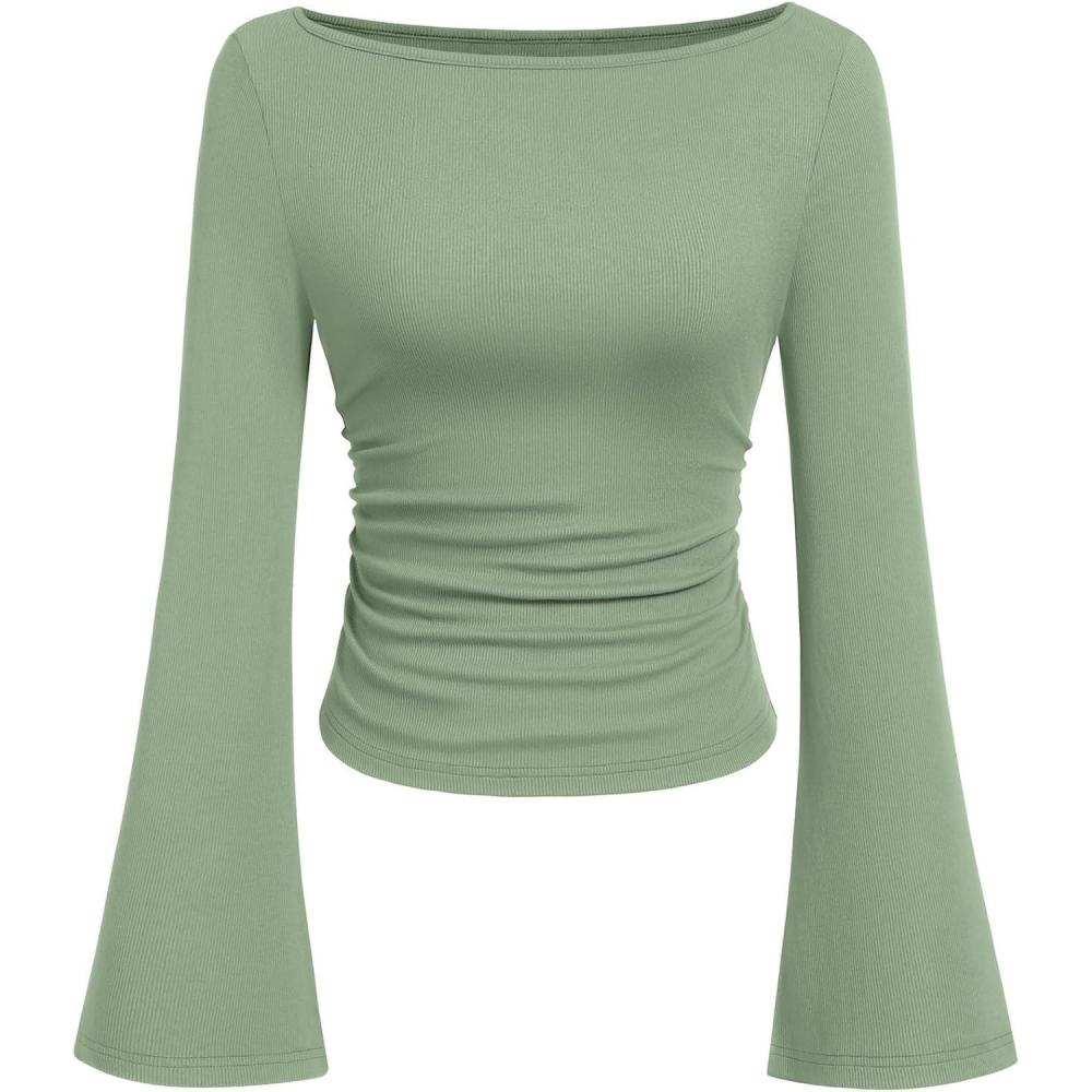 imagePRETTYGARDEN Womens Long Sleeve Shirts 2026 Spring Crop Going Out Tops Casual Boat Neck Bell Sleeve Ribbed Ruched Y2K ClothesLight Green