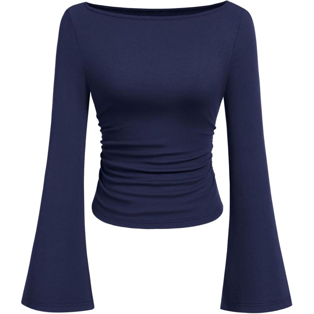 imagePRETTYGARDEN Womens Long Sleeve Shirts 2026 Spring Crop Going Out Tops Casual Boat Neck Bell Sleeve Ribbed Ruched Y2K ClothesNavy Blue