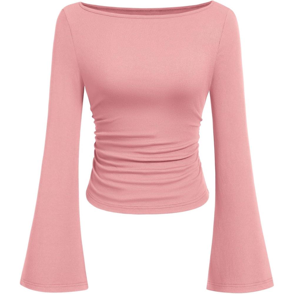 imagePRETTYGARDEN Womens Long Sleeve Shirts 2026 Spring Crop Going Out Tops Casual Boat Neck Bell Sleeve Ribbed Ruched Y2K ClothesPink