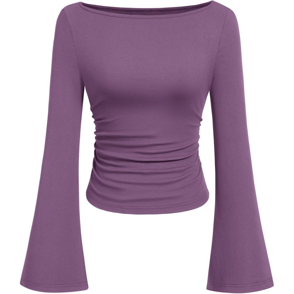 imagePRETTYGARDEN Womens Long Sleeve Shirts 2026 Spring Crop Going Out Tops Casual Boat Neck Bell Sleeve Ribbed Ruched Y2K ClothesPurple