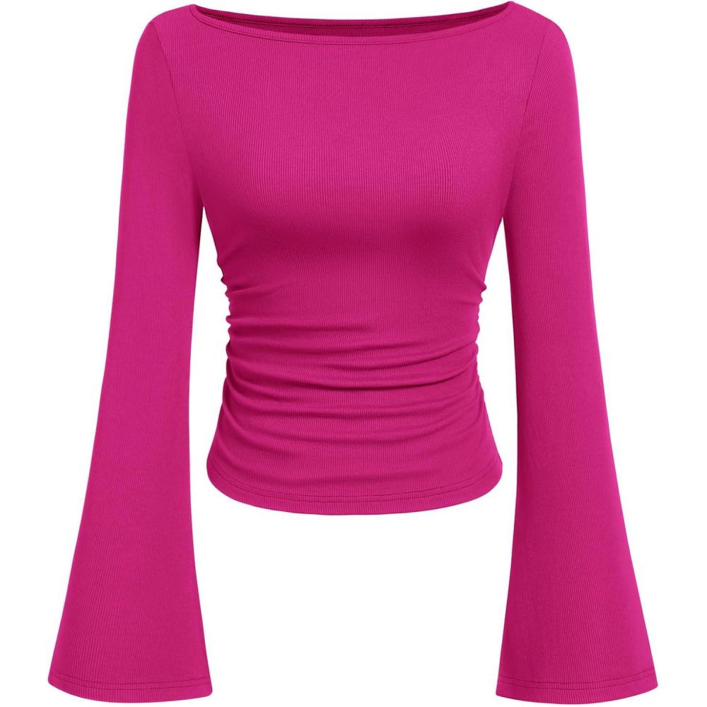imagePRETTYGARDEN Womens Long Sleeve Shirts 2026 Spring Crop Going Out Tops Casual Boat Neck Bell Sleeve Ribbed Ruched Y2K ClothesRose Red