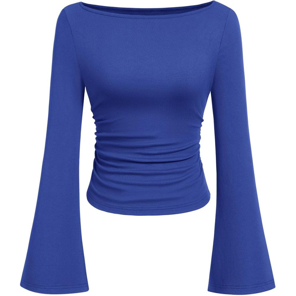 imagePRETTYGARDEN Womens Long Sleeve Shirts 2026 Spring Crop Going Out Tops Casual Boat Neck Bell Sleeve Ribbed Ruched Y2K ClothesRoyal Blue
