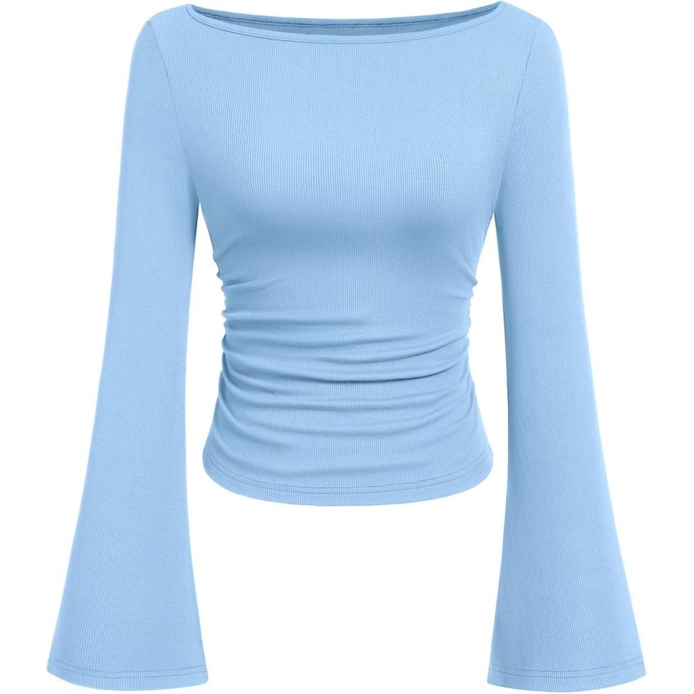 imagePRETTYGARDEN Womens Long Sleeve Shirts 2026 Spring Crop Going Out Tops Casual Boat Neck Bell Sleeve Ribbed Ruched Y2K ClothesSky Blue