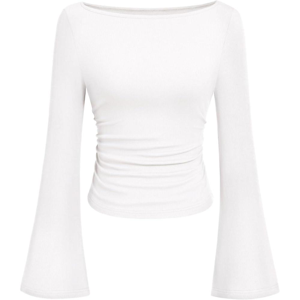 imagePRETTYGARDEN Womens Long Sleeve Shirts 2026 Spring Crop Going Out Tops Casual Boat Neck Bell Sleeve Ribbed Ruched Y2K ClothesWhite