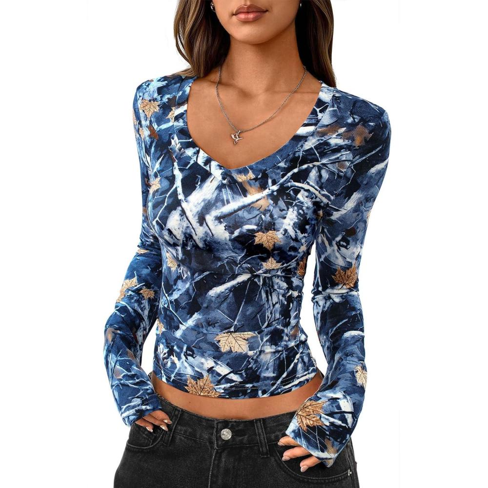 imagePRETTYGARDEN Womens Long Sleeve T Shirts 2026 Fall Trendy Deep V Neck Slim Fit Basic Crop Tops Casual Going Out TopDark Blue Floral