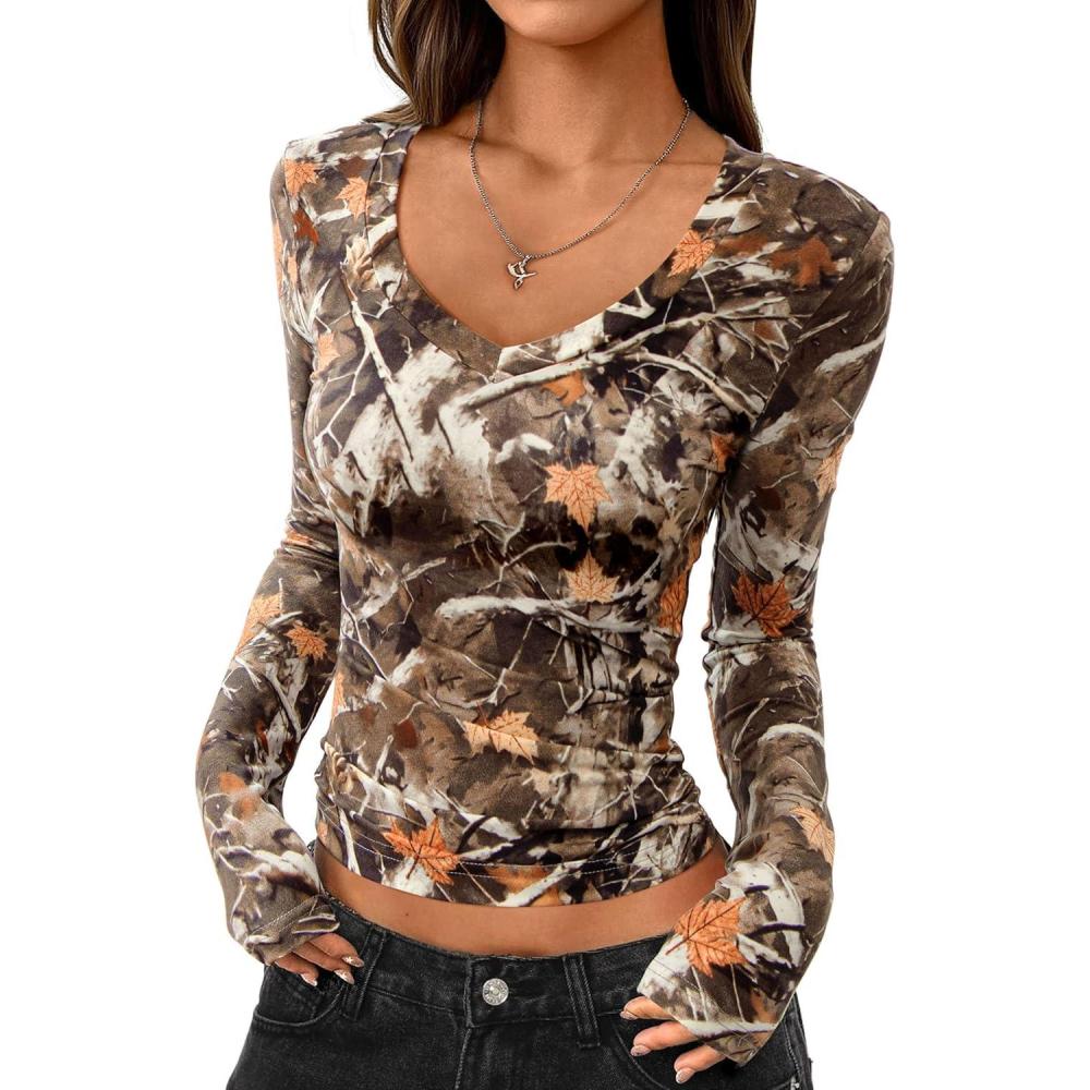 imagePRETTYGARDEN Womens Long Sleeve T Shirts 2026 Fall Trendy Deep V Neck Slim Fit Basic Crop Tops Casual Going Out TopKhaki Floral