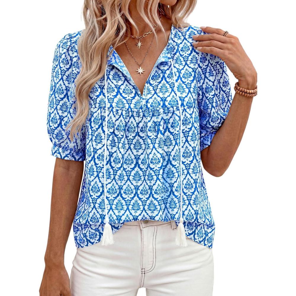 imagePRETTYGARDEN Womens Summer Boho Tops 2026 Tie Front V Neck Print Loose Fit Short Sleeve Peasant Blouses Vacation OutfitsFloral Blue
