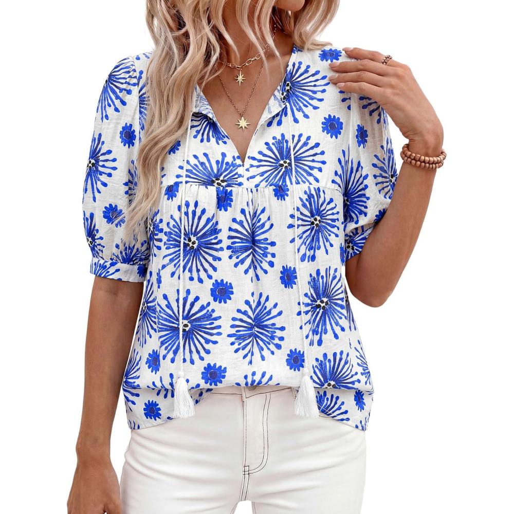imagePRETTYGARDEN Womens Summer Boho Tops 2026 Tie Front V Neck Print Loose Fit Short Sleeve Peasant Blouses Vacation OutfitsFloral White Blue